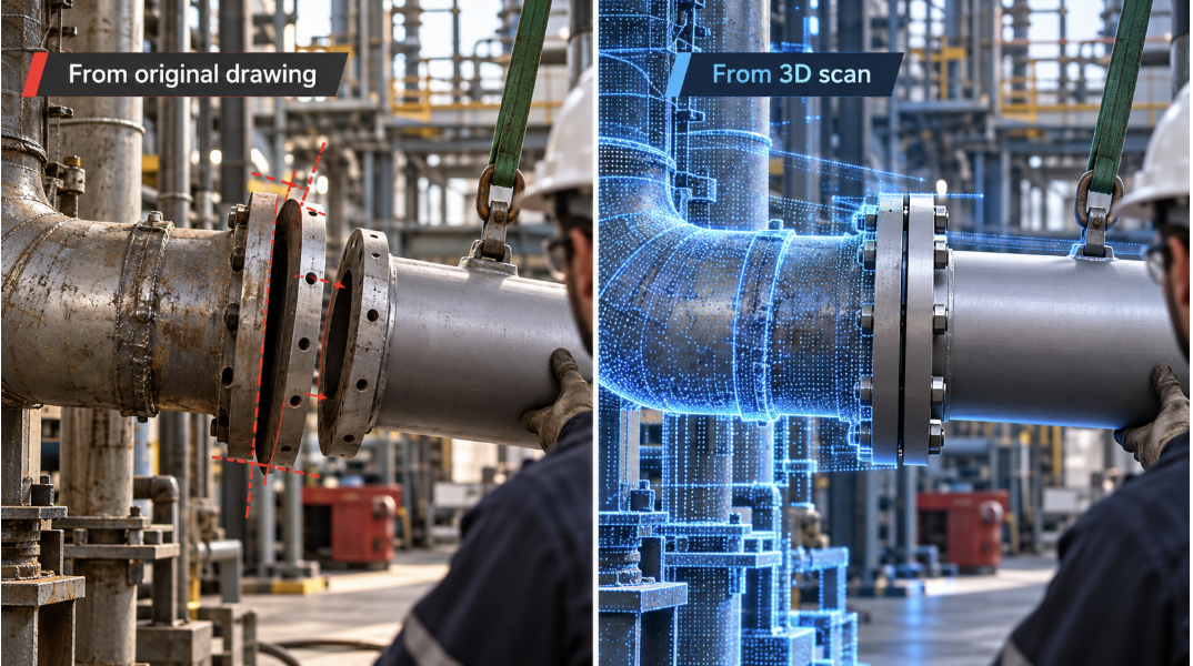 EXMINCO Group Original Drawing vs 3D scan of metal pipes